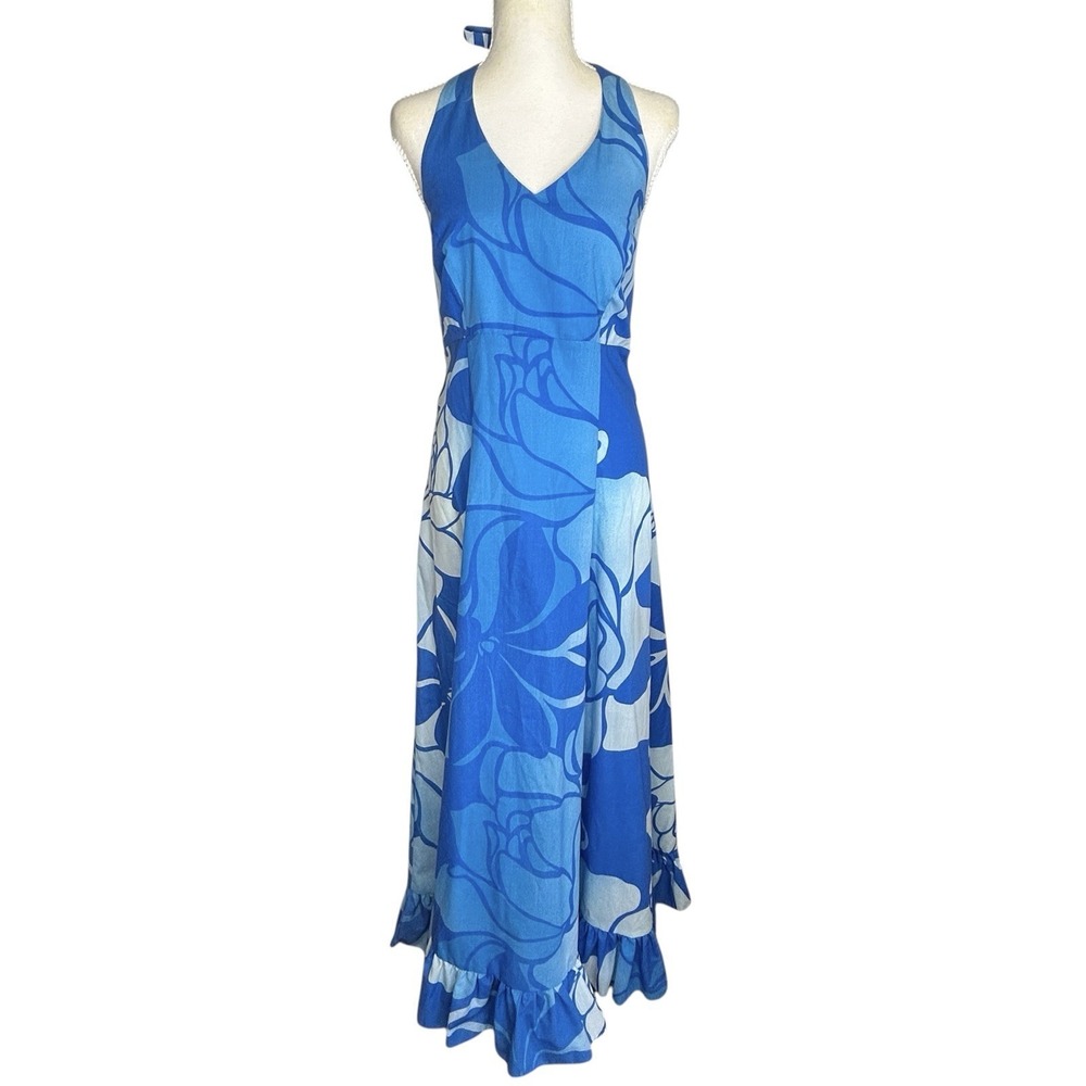VTG Hawaiian Halter Maxi Dress Sz 14 Resort Tropical Backless Luau Ruffle Blue